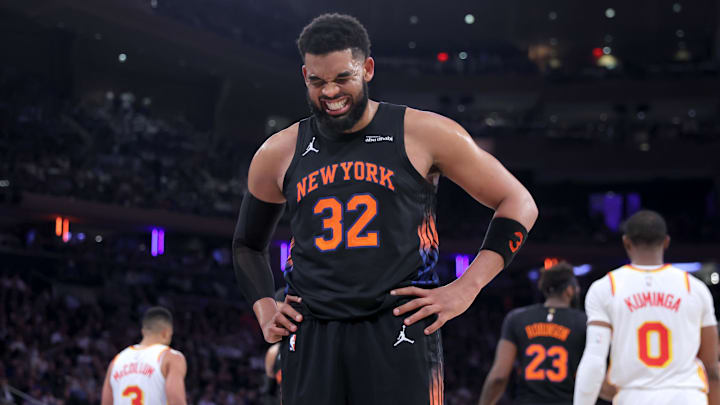 Apr 20, 2026; New York, New York, USA; New York Knicks center Karl-Anthony Towns (32) reacts during the third quarter of game two of the first round of the 2026 NBA Playoffs against the Atlanta Hawks at Madison Square Garden. Mandatory Credit: Brad Penner-Imagn Images