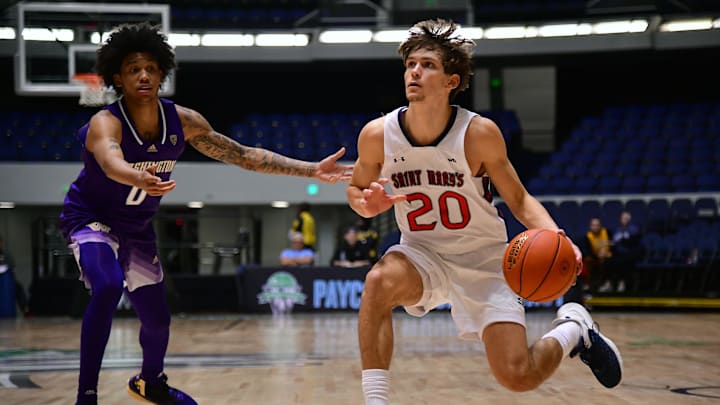 Nov 24, 2022; Anaheim, California, USA; St. Mary's Gaels guard Aidan Mahaney (20) moves to the