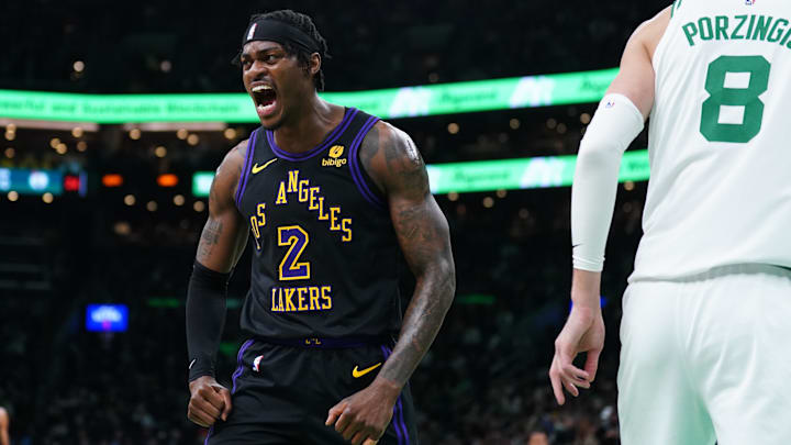 Feb 1, 2024; Boston, Massachusetts, USA; Los Angeles Lakers forward Jarred Vanderbilt (2) reacts after a play against then Boston Celtics in the first quarter at TD Garden. Mandatory Credit: David Butler II-Imagn Images
