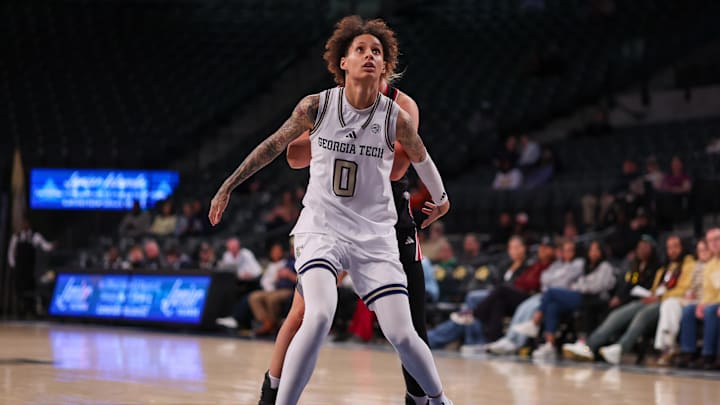 Feb 26, 2026; Atlanta, Georgia, USA; Georgia Tech Yellow Jackets guard Brianna Turnage (0) boxes out against the Louisville Cardinals in the third quarter at McCamish Pavilion. Mandatory Credit: Brett Davis-Imagn Images Feb 26, 2026; Atlanta, Georgia, USA; Georgia Tech Yellow Jackets guard Brianna Turnage (0) boxes out against the Louisville Cardinals in the third quarter at McCamish Pavilion. Mandatory Credit: Brett Davis-Imagn Images