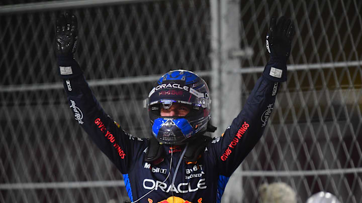 Nov 23, 2024; Las Vegas, Nevada, USA;  Oracle Red Bull Racing driver Max Verstappen (1)  celebrates his championship victory following the Las Vegas Grand Prix at Las Vegas Circuit. Mandatory Credit: Gary A. Vasquez-Imagn Images