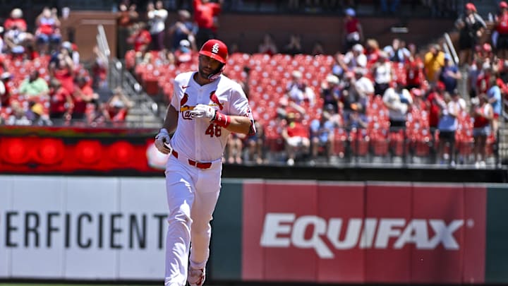 St. Louis Cardinals first baseman Paul Goldschmidt (46) runs the bases after hitting a two run home run against the Pittsburgh Pirates during the third inning at Busch Stadium on June 13. St. Louis Cardinals first baseman Paul Goldschmidt (46) runs the bases after hitting a two run home run against the Pittsburgh Pirates during the third inning at Busch Stadium on June 13.