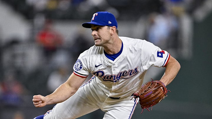 Sep 5, 2024; Arlington, Texas, USA; Texas Rangers relief pitcher David Robertson (37) pitches against the Los Angeles Angels during the game at Globe Life Field. Mandatory Credit: Jerome Miron-Imagn Images
