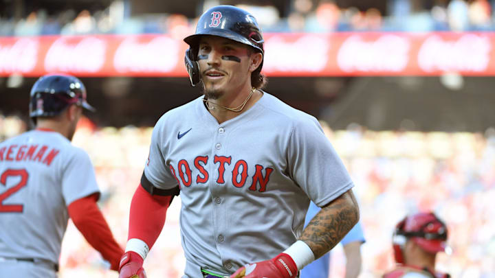 Jul 21, 2025; Philadelphia, Pennsylvania, USA; Boston Red Sox outfielder Jarren Duran (16) celebrates his home run against the Philadelphia Phillies at Citizens Bank Park. Mandatory Credit: Eric Hartline-Imagn Images