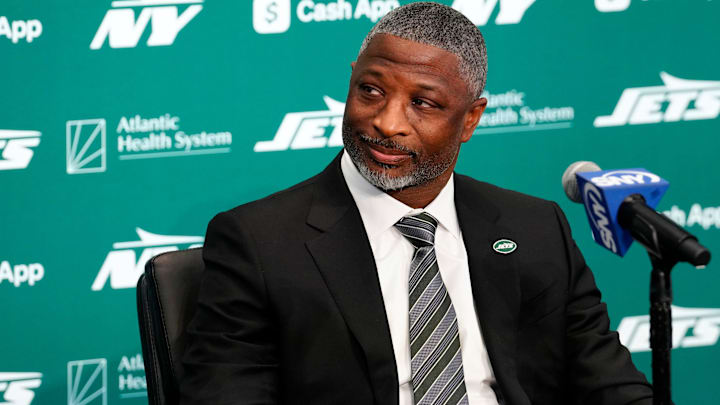 New York Jets Head Coach Aaron Glenn, is shown at a press conference, at the Atlantic Health Jets Training Center, Monday, January 27, 2025, in Florham Park.