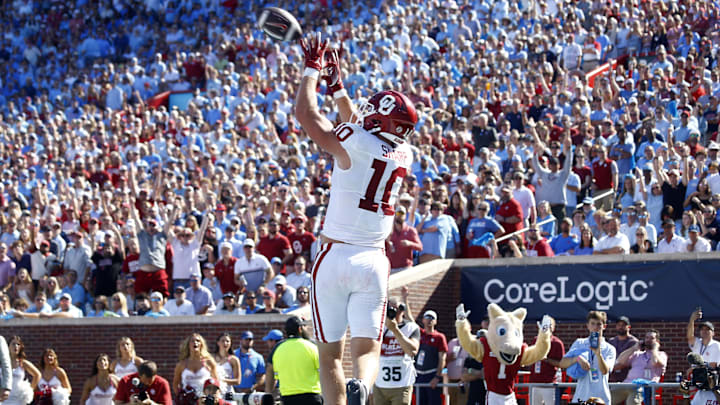 Oct 26, 2024; Oxford, Mississippi, USA; Oklahoma Sooners tight end Bauer Sharp (10) catches the ball for a touchdown during the first half against the Mississippi Rebels at Vaught-Hemingway Stadium. Mandatory Credit: Petre Thomas-Imagn Images