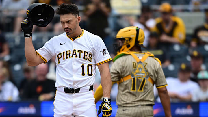 May 4, 2025; Pittsburgh, Pennsylvania, USA; Pittsburgh Pirates right fielder Bryan Reynolds (10) reacts after striking out during the third inning against the San Diego Padres at PNC Park. Mandatory Credit: David Dermer-Imagn Images