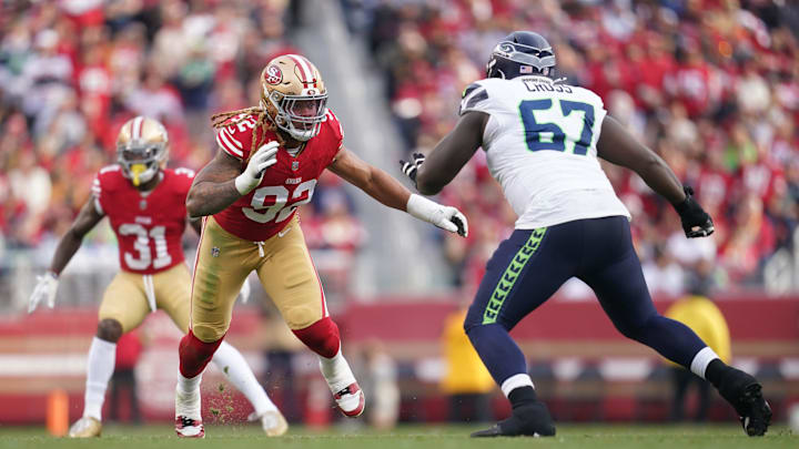 Dec 10, 2023; Santa Clara, California, USA; San Francisco 49ers defensive end Chase Young (92) tries to rush past Seattle Seahawks offensive tackle Charles Cross (67) in the third quarter at Levi's Stadium. Mandatory Credit: Cary Edmondson-Imagn Images Dec 10, 2023; Santa Clara, California, USA; San Francisco 49ers defensive end Chase Young (92) tries to rush past Seattle Seahawks offensive tackle Charles Cross (67) in the third quarter at Levi's Stadium. Mandatory Credit: Cary Edmondson-Imagn Images