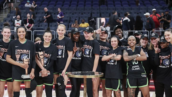 Jun 25, 2024; Belmont Park, New York, USA;  The Minnesota Lynx celebrate after defeating the New York Liberty 94-89 to win the WNBA Commissioner’s Cup Championship at UBS Arena. Mandatory Credit: Wendell Cruz-Imagn Images
