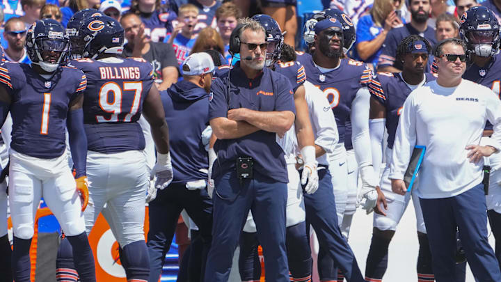 Aug 10, 2024; Orchard Park, New York, USA; Chicago Bears head coach Matt Eberflus looks on from the sidelines during the first half against the Buffalo Bills at Highmark Stadium.