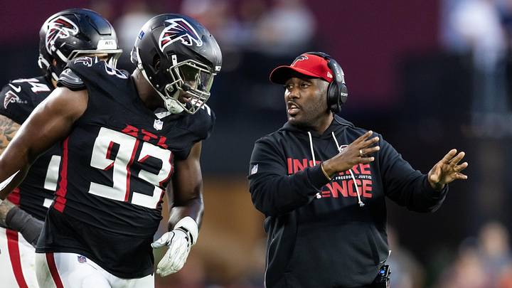 Dec 21, 2025; Glendale, Arizona, USA; Atlanta Falcons defensive lineman Kentavius Street (93) with special teams coordinator Marquice Williams against the Arizona Cardinals at State Farm Stadium. Mandatory Credit: Mark J. Rebilas-Imagn Images