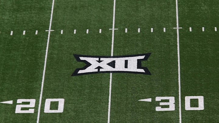 Oct 22, 2022; Lubbock, Texas, USA;  A general view of the Big 12 Logo on the field before the game between the West Virginia Mountaineers and the Texas Tech Red Raiders at Jones AT&T Stadium and Cody Campbell Field. Mandatory Credit: Michael C. Johnson-Imagn Images
