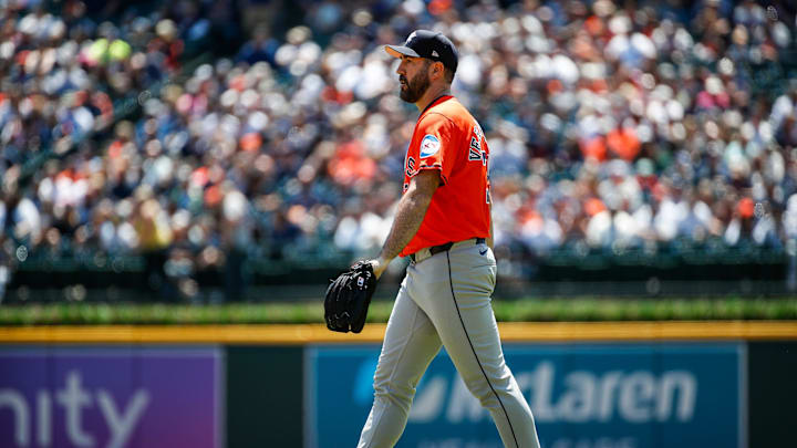 Houston Astros pitcher Justin Verlander takes the mound before pitching against Detroit Tigers during the first inning at Comerica Park in Detroit on Sunday, May 12, 2024. Houston Astros pitcher Justin Verlander takes the mound before pitching against Detroit Tigers during the first inning at Comerica Park in Detroit on Sunday, May 12, 2024.