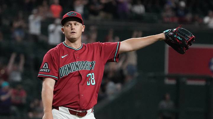 Aug 5, 2026; Phoenix, Arizona, USA; Arizona Diamondbacks pitcher Paul Sewald (38) reacts after defeating the San Diego Padres at Chase Field. Mandatory Credit: Rick Scuteri-Imagn Images