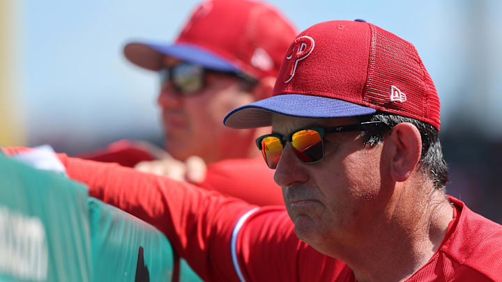 Mar 2, 2023; Fort Myers, Florida, USA; Philadelphia Phillies manager Rob Thomson (59) looks on during the second inning against the Boston Red Sox at JetBlue Park at Fenway South. Mandatory Credit: Kim Klement-Imagn Images