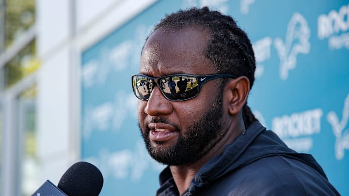 Detroit Lions linebackers coach Kelvin Sheppard speaks to media members during OTAs at Detroit Lions headquarters and practice facility in Allen Park on Tuesday, June 11, 2024.
