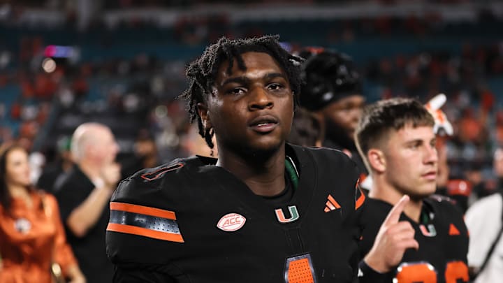 Oct 26, 2024; Miami Gardens, Florida, USA; Miami Hurricanes quarterback Cam Ward (1) looks on after the game against the Florida State Seminoles at Hard Rock Stadium. Mandatory Credit: Sam Navarro-Imagn Images