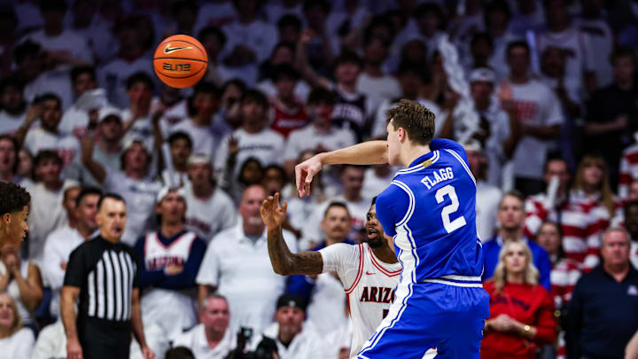 Nov 22, 2024; Tucson, Arizona, USA; Duke Blue Devils forward Cooper Flagg (2) passes the ball during the second half against the Arizona Wildcats at McKale Center. Mandatory Credit: Aryanna Frank-Imagn Images