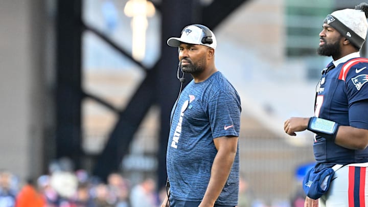Nov 17, 2024; Foxborough, Massachusetts, USA;  New England Patriots head coach Jerod Mayo watches from the sideline during the second half against the Los Angeles Rams at Gillette Stadium. Mandatory Credit: Eric Canha-Imagn Images