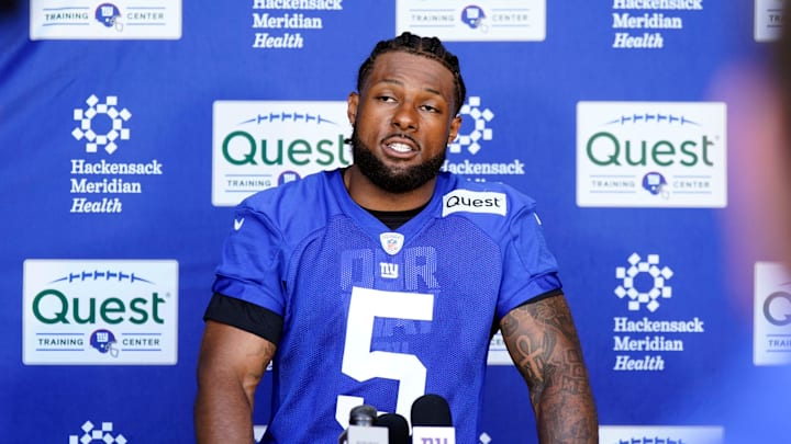 New York Giants defensive end Kayvon Thibodeaux (5) talks to reporters after the organized team