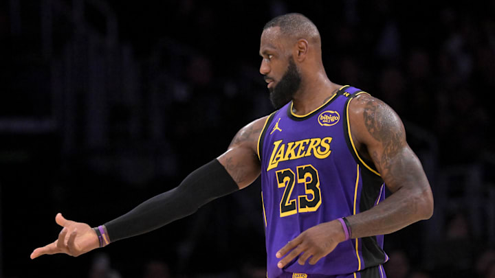 Jan 17, 2025; Los Angeles, California, USA; Los Angeles Lakers forward LeBron James (23) celebrates after a 3-point basket in the first half against the Brooklyn Nets at Crypto.com Arena. Jan 17, 2025; Los Angeles, California, USA; Los Angeles Lakers forward LeBron James (23) celebrates after a 3-point basket in the first half against the Brooklyn Nets at Crypto.com Arena.