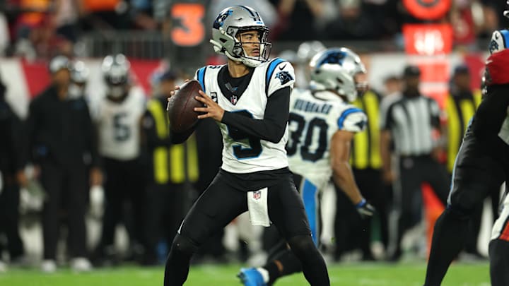 Carolina Panthers quarterback Bryce Young (9) passes against the Tampa Bay Buccaneers