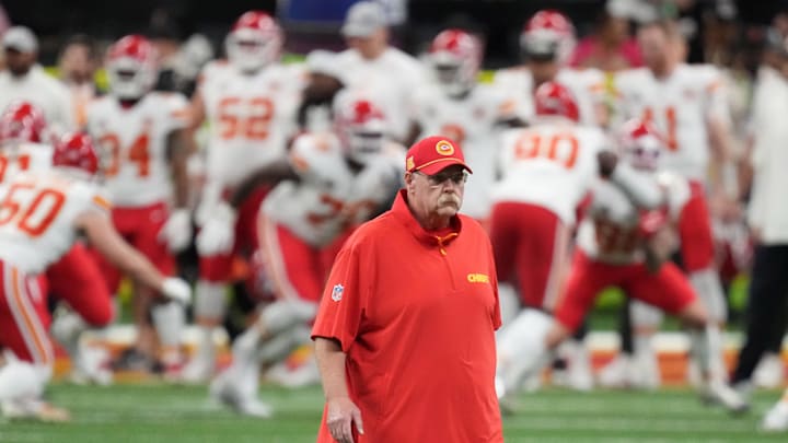 Feb 9, 2025; New Orleans, LA, USA; Kansas City Chiefs head coach Andy Reid before Super Bowl LIX against the Philadelphia Eagles at Caesars Superdome. Mandatory Credit: Kirby Lee-Imagn Images
