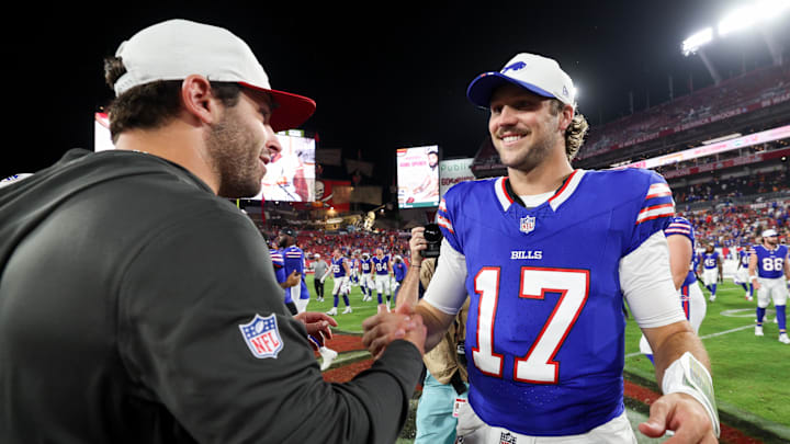 Aug 23, 2025; Tampa, Florida, USA; Buffalo Bills quarterback Josh Allen (17) greets Tampa Bay Buccaneers quarterback Baker Mayfield (6) after a preseason game at Raymond James Stadium.