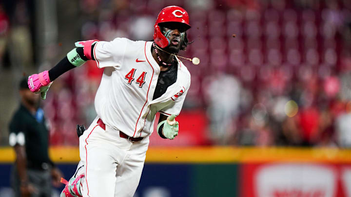 Cincinnati Reds shortstop Elly De La Cruz (44) runs to third base in the sixth inning of an MLB game between the Cincinnati Reds and Atlanta Braves, Wednesday, Sept. 18, 2024, at Great American Ball Park in downtown Cincinnati.