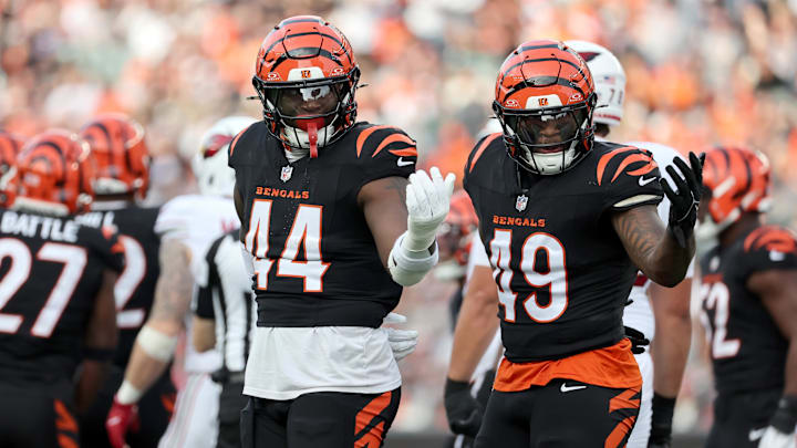 Dec 28, 2025; Cincinnati, Ohio, USA; Cincinnati Bengals linebacker Demetrius Knight Jr. (44) and Cincinnati Bengals linebacker Barrett Carter (49) react after a play during the second half against the Arizona Cardinals at Paycor Stadium. Mandatory Credit: Joseph Maiorana-Imagn Images