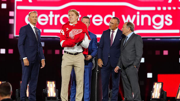 Jun 28, 2024; Las Vegas, Nevada, USA; Michael Brandsegg-Nygard is selected by the Detroit Red Wings with the 15th overall pick in the first round of the 2024 NHL Draft at The Sphere. Mandatory Credit: Stephen R. Sylvanie-Imagn Images