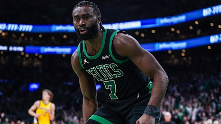 Dec 27, 2024; Boston, Massachusetts, USA; Boston Celtics guard Jaylen Brown (7) reacts after stealing the ball and making the basket against the Indiana Pacers in the second quarter at TD Garden. Mandatory Credit: David Butler II-Imagn Images Dec 27, 2024; Boston, Massachusetts, USA; Boston Celtics guard Jaylen Brown (7) reacts after stealing the ball and making the basket against the Indiana Pacers in the second quarter at TD Garden. Mandatory Credit: David Butler II-Imagn Images