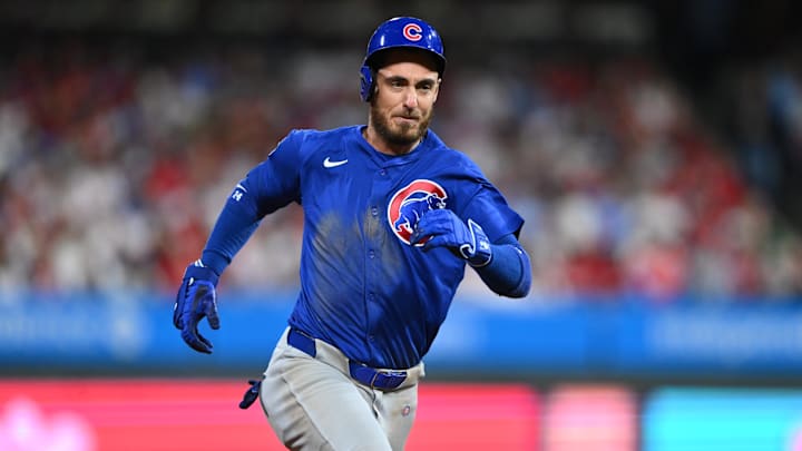 Sep 24, 2024; Philadelphia, Pennsylvania, USA; Chicago Cubs outfielder Cody Bellinger (24) runs to third after hitting an RBI triple against the Philadelphia Phillies in the sixth inning at Citizens Bank Park. Mandatory Credit: Kyle Ross-Imagn Images