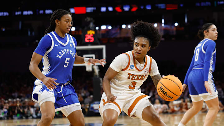 Mar 28, 2026; Fort Worth, TX, USA;  Texas Longhorns guard Rori Harmon (3) controls the ball against Kentucky Wildcats guard Tonie Morgan (5) during the first half at Dickies Arena. Mandatory Credit: Chris Jones-Imagn Images