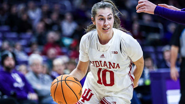 Indiana guard Shay Ciezki handles the ball during a game at Northwestern on Jan. 8, 2025.