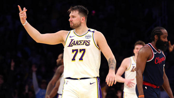 Mar 2, 2025; Los Angeles, California, USA; Los Angeles Lakers guard Luka Doncic (77) reacts to a play during the third quarter against the LA Clippers at Crypto.com Arena. Mandatory Credit: Jason Parkhurst-Imagn Images