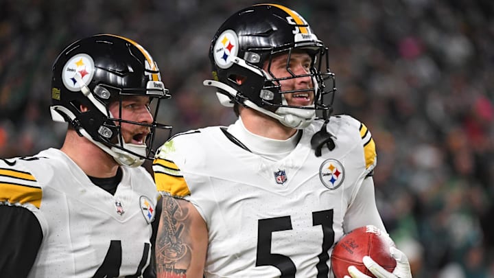 Dec 15, 2024; Philadelphia, Pennsylvania, USA; Pittsburgh Steelers long snapper Christian Kuntz (46) and linebacker Nick Herbig (51) against the Philadelphia Eagles at Lincoln Financial Field. Mandatory Credit: Eric Hartline-Imagn Images