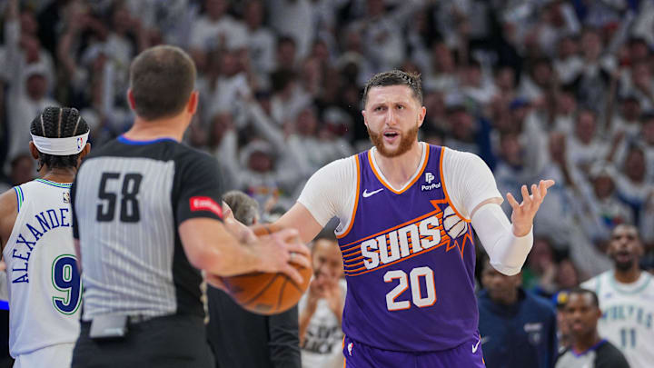 Apr 23, 2024; Minneapolis, Minnesota, USA; Phoenix Suns center Jusuf Nurkic (20) argues a call against the Minnesota Timberwolves in the fourth quarter during game two of the first round for the 2024 NBA playoffs at Target Center. Mandatory Credit: Brad Rempel-Imagn Images