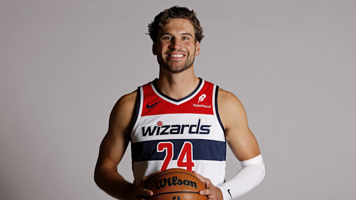 Sep 29, 2025; Washington, DC, USA; Washington Wizards forward Corey Kispert (24) poses for a portrait during Wizards Media Day at CareFirst Arena.  Mandatory Credit: Geoff Burke-Imagn Images