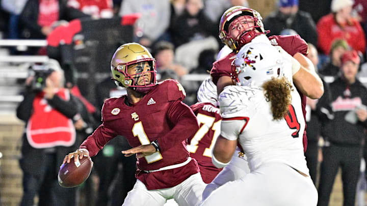 Oct 25, 2024; Chestnut Hill, Massachusetts, USA; Boston College Eagles quarterback Thomas Castellanos (1) passes the ball against the Louisville Cardinals during the first half at Alumni Stadium. Mandatory Credit: Eric Canha-Imagn Images