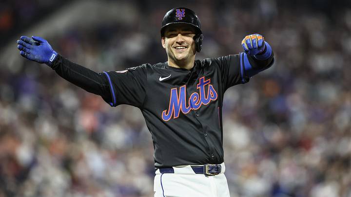 Sep 19, 2024; New York City, New York, USA;  New York Mets second baseman Jose Iglesias (11) celebrates after reaching first base on an infield single in the fourth inning against the Philadelphia Phillies at Citi Field. Mandatory Credit: Wendell Cruz-Imagn Images
