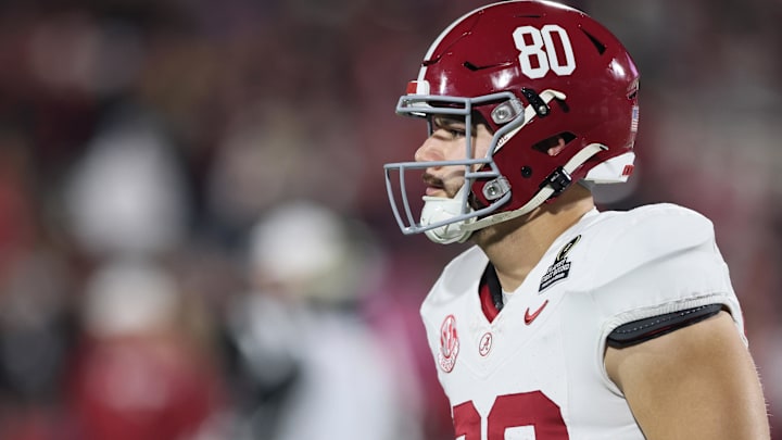 Dec 19, 2025; Norman, OK, USA; Alabama Crimson Tide tight end Josh Cuevas (80) prior to the CFP 1st Round Game against the Oklahoma Sooners at Gaylord Family OK Memorial Stadium. Mandatory Credit: Nelson Chenault-Imagn Images Dec 19, 2025; Norman, OK, USA; Alabama Crimson Tide tight end Josh Cuevas (80) prior to the CFP 1st Round Game against the Oklahoma Sooners at Gaylord Family OK Memorial Stadium. Mandatory Credit: Nelson Chenault-Imagn Images
