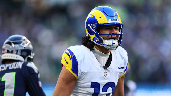 Jan 25, 2026; Seattle, WA, USA; Los Angeles Rams wide receiver Puka Nacua (12) reacts after a catch against the Seattle Seahawks during the first half in the 2026 NFC Championship Game at Lumen Field. 