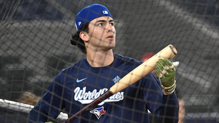 Oct 23, 2025; Toronto, ON, Canada;  Toronto Blue Jays outfielder Joey Loperfido (10) takes batting practice during media day and team workouts at Rogers Centre. Mandatory Credit: Dan Hamilton-Imagn Images