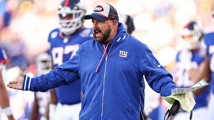 Nov 3, 2024; East Rutherford, New Jersey, USA; New York Giants head coach Brian Daboll reacts to an offensive pass interference call negating a Giants touchdown during the second half against the Washington Commanders at MetLife Stadium.  