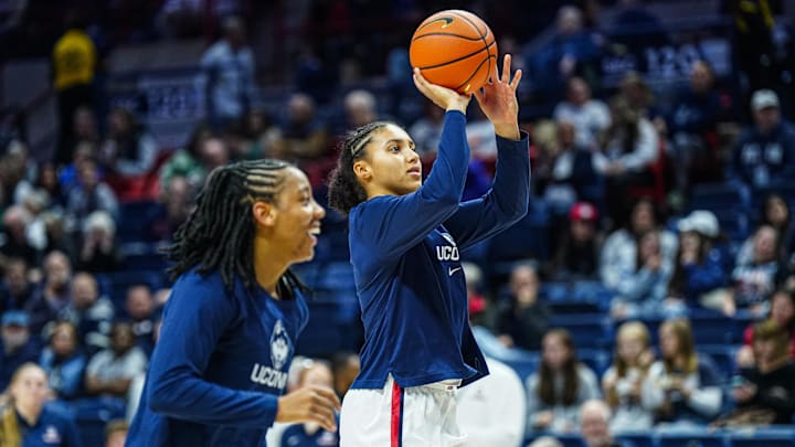 Nov 10, 2024; Storrs, Connecticut, USA; UConn Huskies guard Azzi Fudd (35) warms up before the start of the game against the South Florida Bulls at Harry A. Gampel Pavilion. Mandatory Credit: David Butler II-Imagn Images