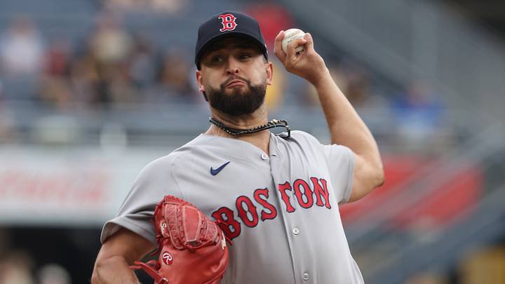 Aug 16, 2026; Pittsburgh, Pennsylvania, USA; Boston Red Sox starting pitcher Patrick Sandoval (43) delivers a pitch against the Pittsburgh Pirates during the first inning at PNC Park. Mandatory Credit: Charles LeClaire-Imagn Images