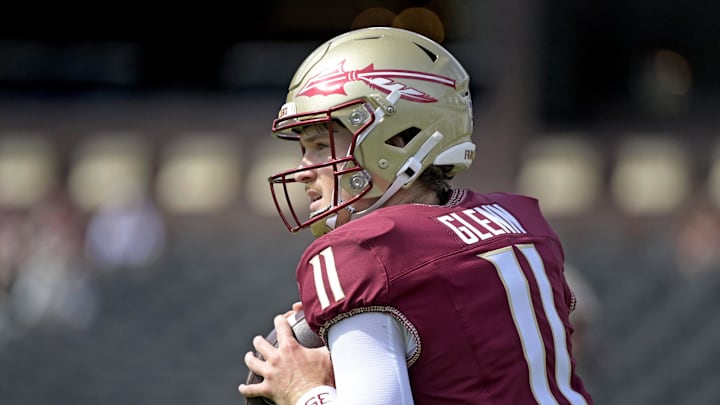 Sep 6, 2025; Tallahassee, Florida, USA; Florida State Seminoles quarterback Brock Glenn (11) before the game against the East Texas A&M Lions at Doak S. Campbell Stadium. Mandatory Credit: Melina Myers-Imagn Images