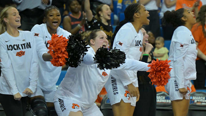 Mar 21, 2026; Los Angeles, CA, USA; Oklahoma State Cowboys reacts in the second half against the Princeton Tigers at Pauley Pavilion. Mandatory Credit: Jayne Kamin-Oncea-Imagn Images