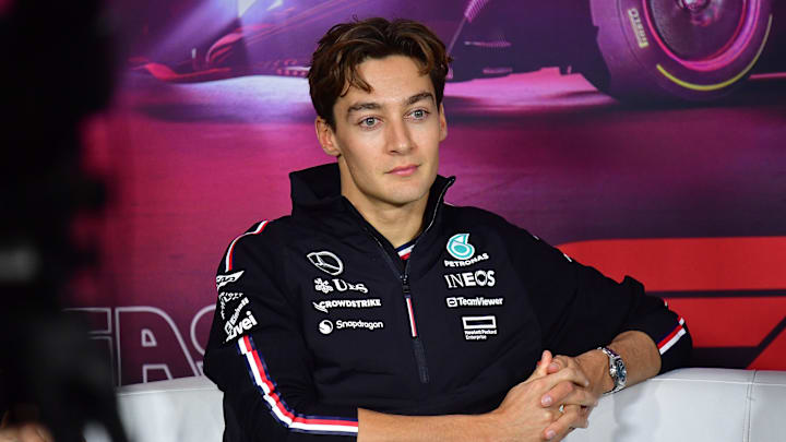 Nov 20, 2024; Las Vegas, Nevada, USA; Mercedes AMG Petronas driver George Russell (63) during media availabilities at Las Vegas Circuit. Mandatory Credit: Gary A. Vasquez-Imagn Images